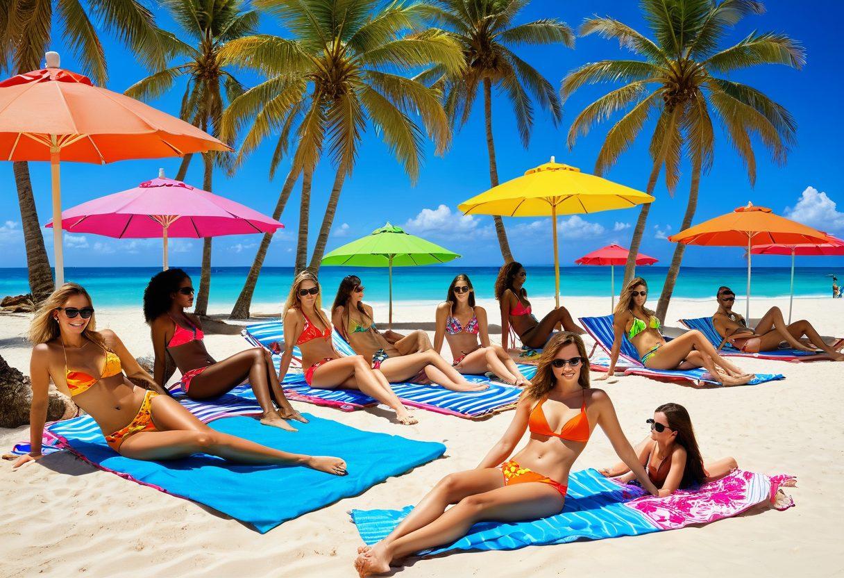 A tropical beach scene showcasing a diverse group of models in vibrant thongs and bikinis, sunbathing and playing in the sand under a clear blue sky. The beach is adorned with colorful beach umbrellas and palm trees swaying gently in the breeze. Include elements like beach towels, sunglasses, and summer drinks to accentuate a festive atmosphere. Focus on a mix of styles, patterns, and colors highlighting the latest summer swimwear trends. vibrant colors. super-realistic. sunny background.
