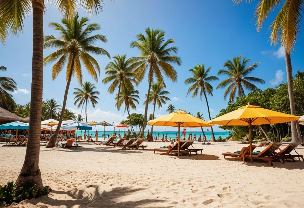 A vibrant tropical scene showcasing a diverse collection of chic swimwear styles on the beach. Include sunbathers lounging under colorful umbrellas, a beach volleyball game in the background, and a luxury resort with palm trees in the distance. Use bright colors and dynamic poses to capture the fun and elegance of summer fashion. Add splashes of ocean waves and surfboards for an energetic touch. super-realistic. vibrant colors. tropical theme.